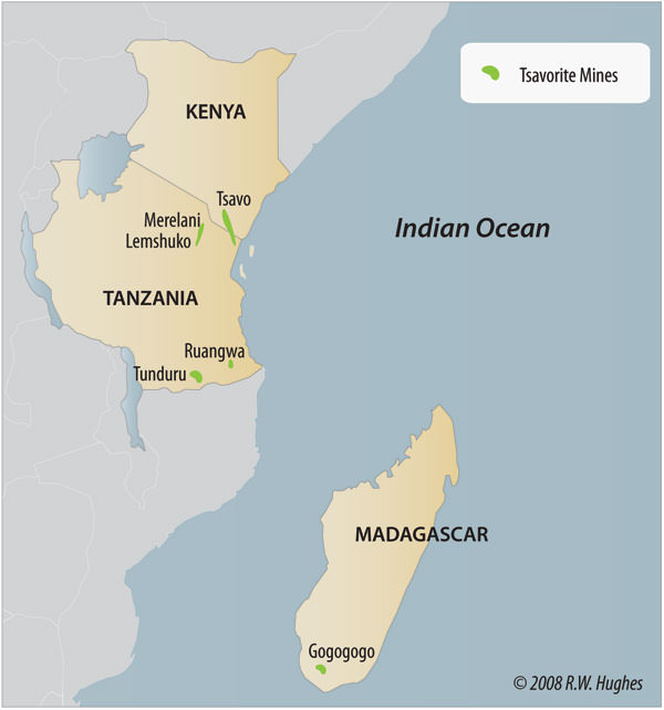 نقشه ای که معادن tsavorite در شرق آفریقا را نشان می دهد. نقشه: ریچارد هیوز.
